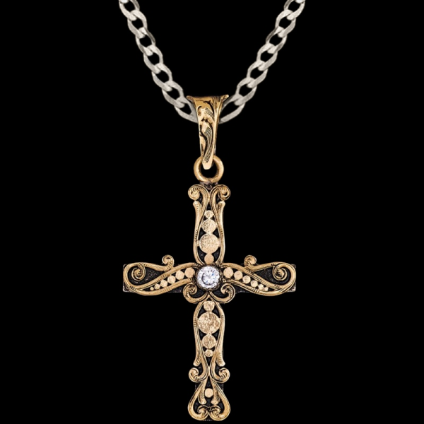 Luke, Jewelers Bronze Cross 1.6"x2.3" with beautiful hand engraved scrollwork with an antique finish and a cubic zirconia. 